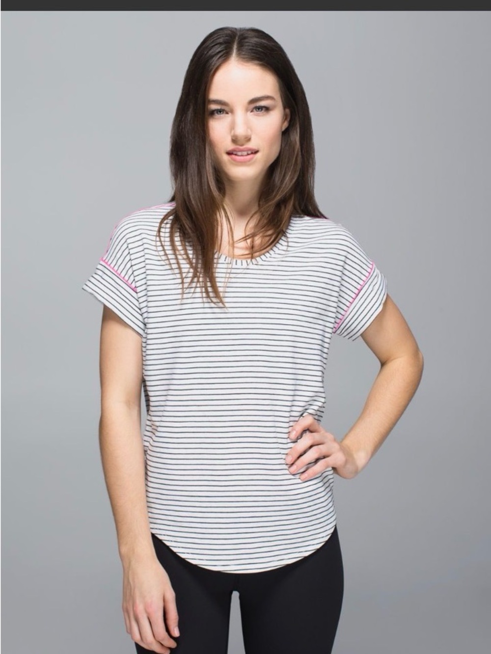 lululemon athletica White Striped V-Neck Short Sleeve Top with Pink Accent
